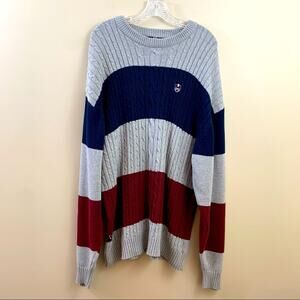 PHAT FARM Cable Knit Striped Sweater Gray/Navy/Maroon Crewneck Sweater